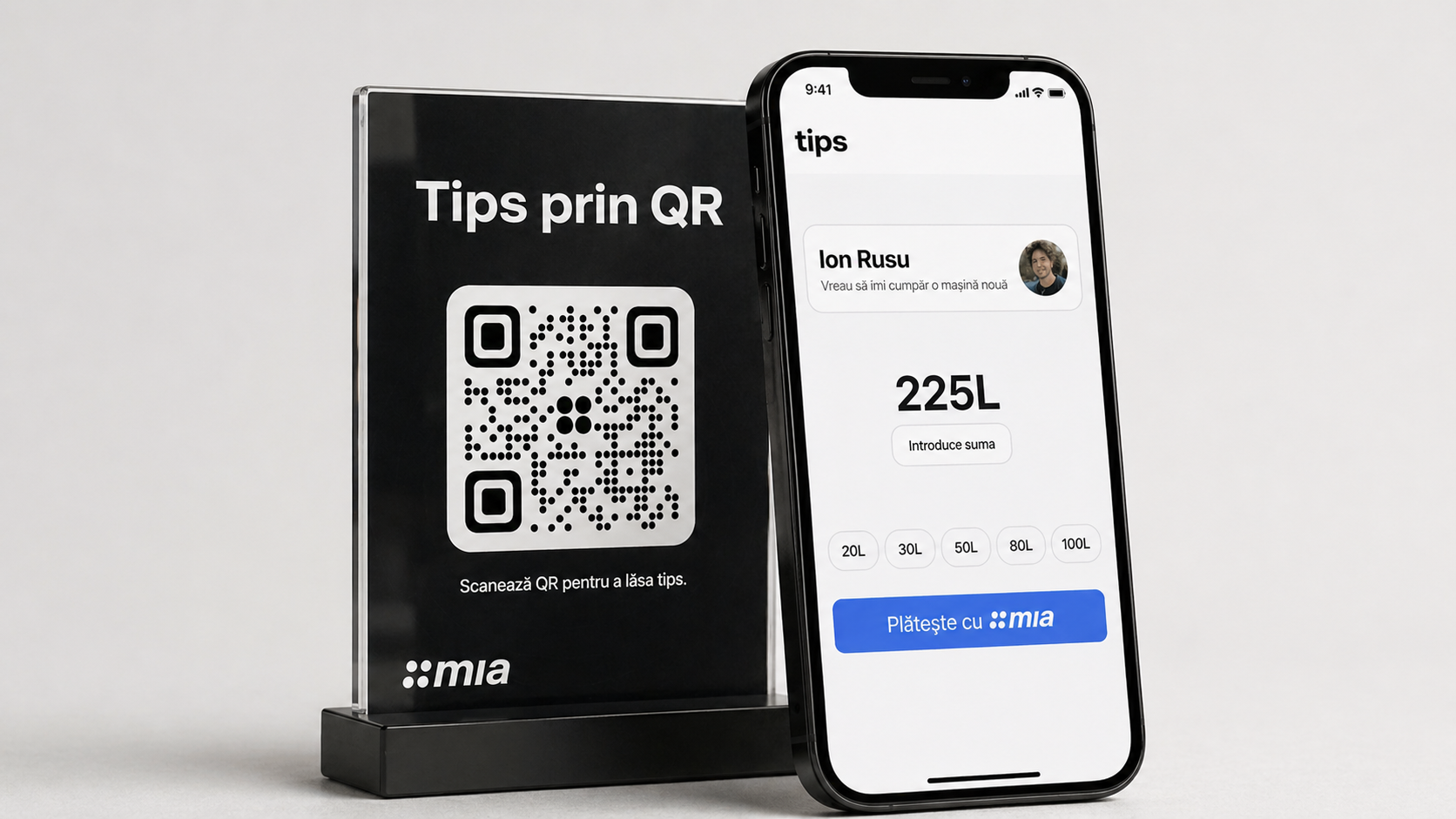 Stand QR Tips și iPhone cu pagina Tips de plată cashless — bacșiș de 225 lei achitat prin mia